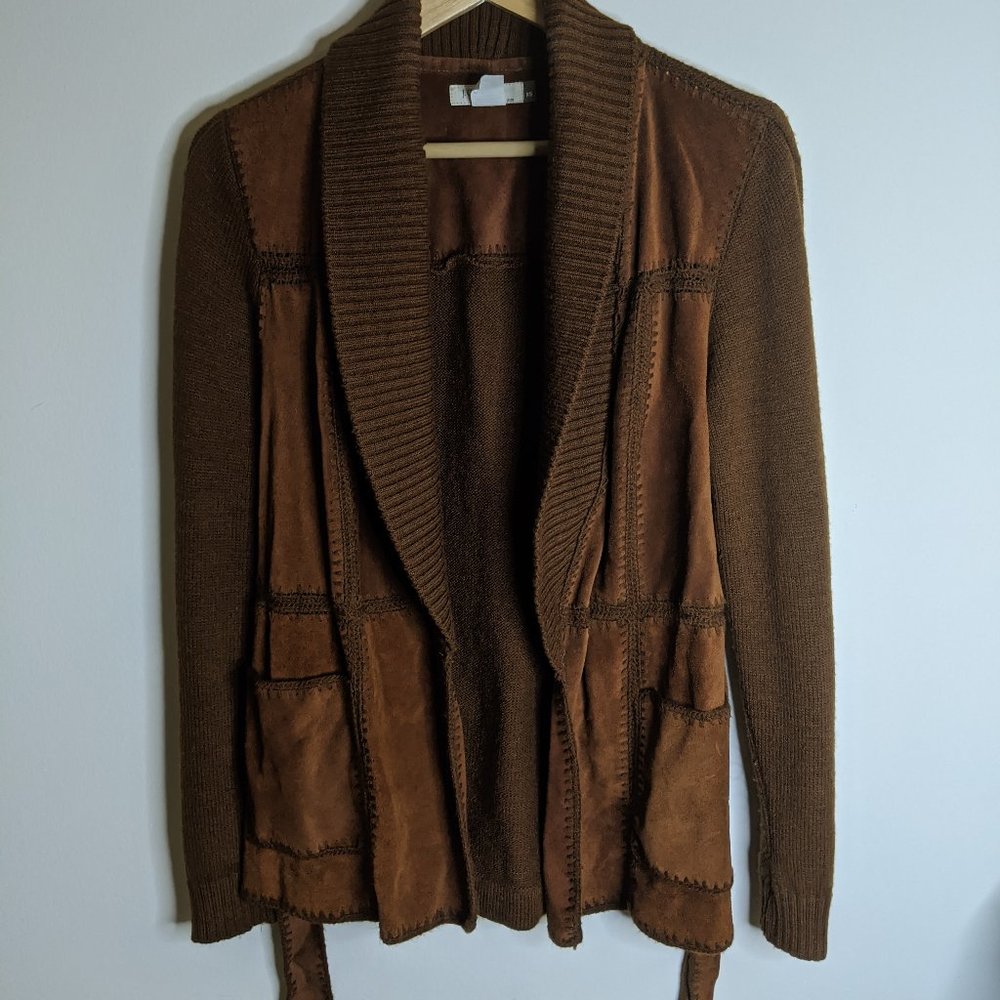 J Crew Vtg Leather Wool Knit Patchwork Cardigan xs - Picture 9 of 10
